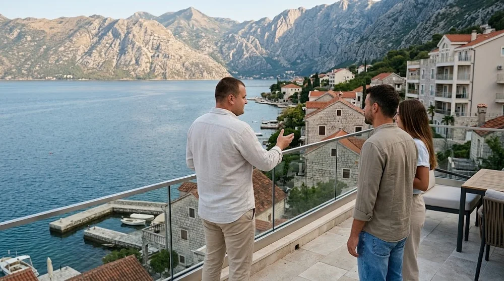 Property agent and buyers on a terrace overlooking the Bay of Kotor