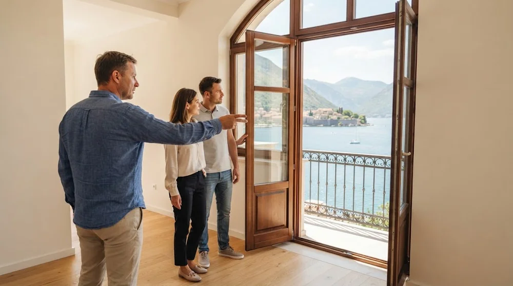 Property adviser and buyers examining a balcony doorway in a Kotor apartment