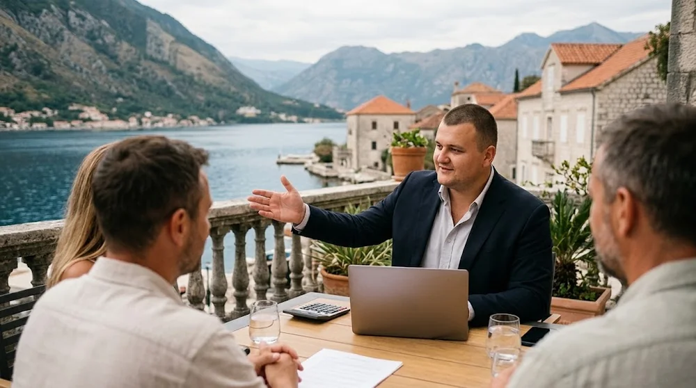 Property adviser and buyers at an apartment terrace overlooking Kotor Bay