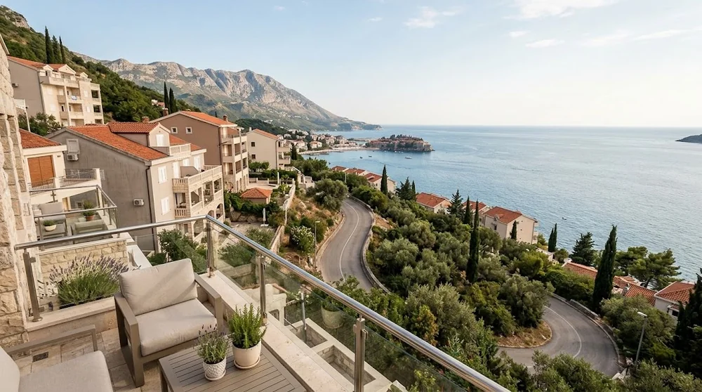 Hillside apartments above a coastal road and the sea