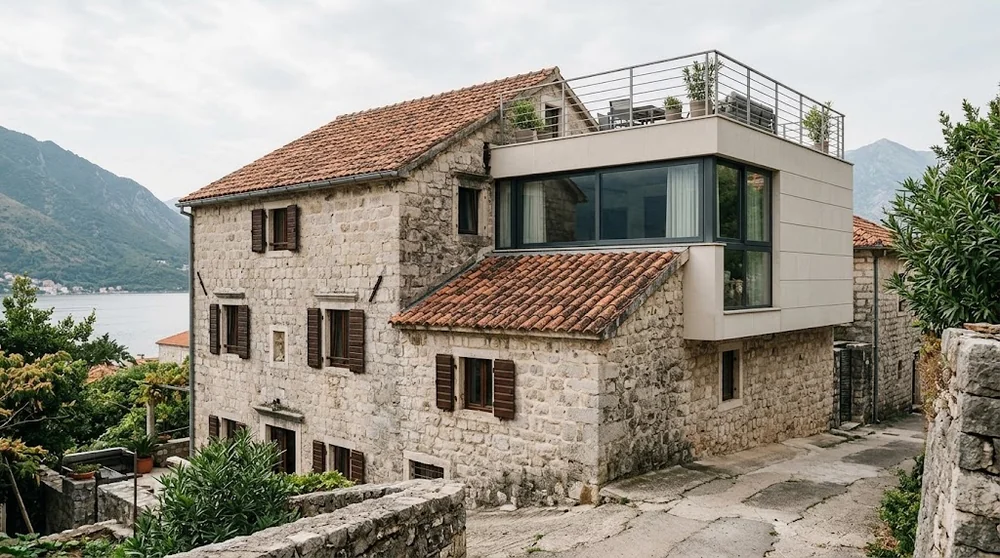 Stone residential building with a modern extension and roof terrace in Montenegro
