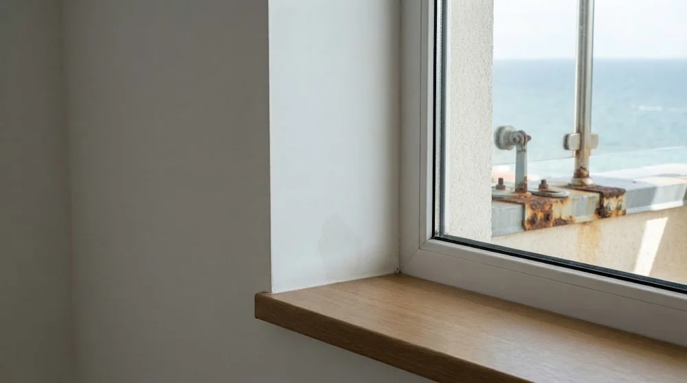 Moisture staining beside a coastal apartment window