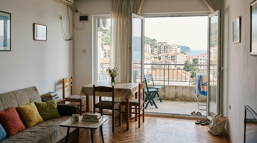 Furnished apartment with a balcony and distant sea view in Budva