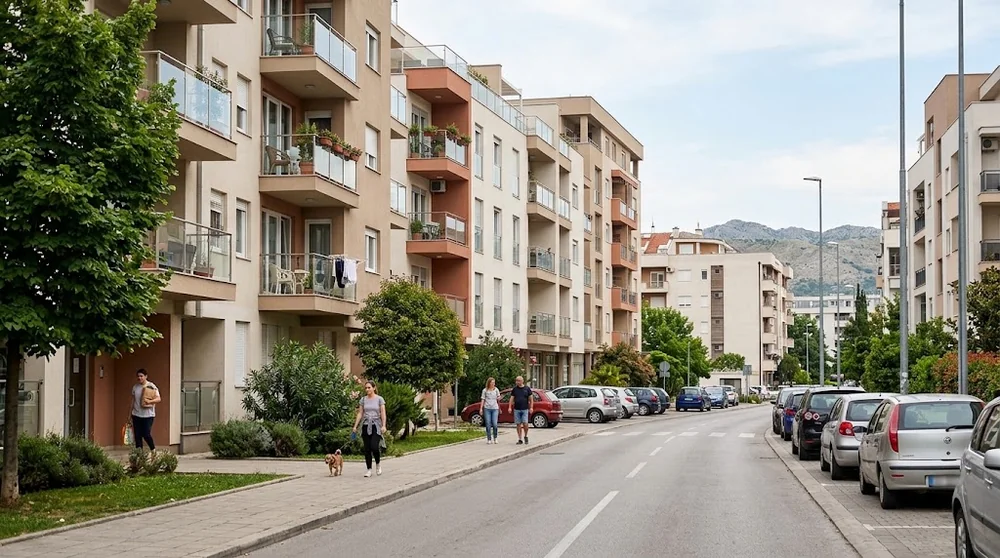 Apartment buildings and a tree-lined residential street in Podgorica
