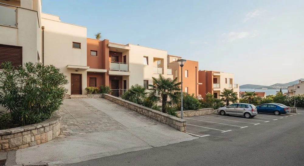 Apartment entrances, pavement and parking along a residential approach in Budva
