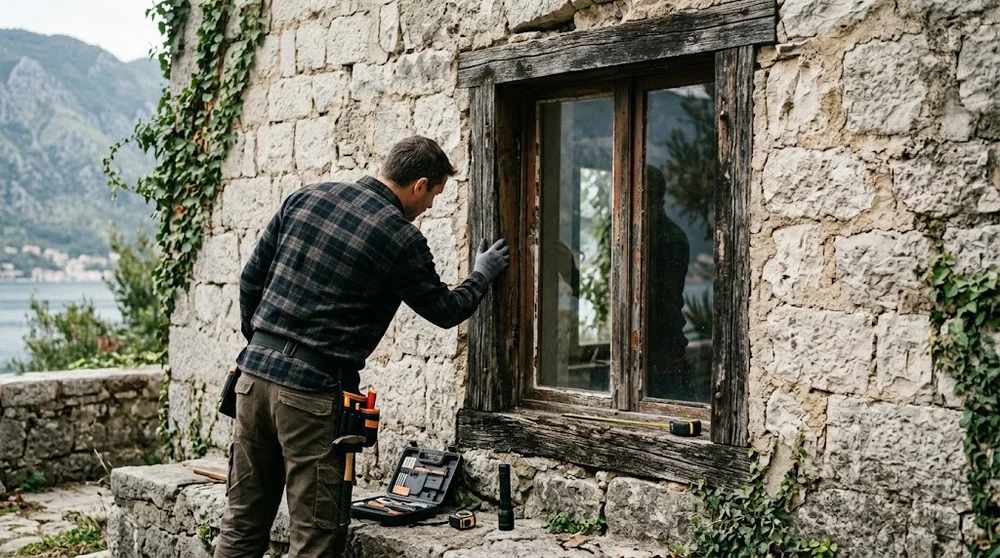 Maintenance inspection of a timber window and stone wall near Kotor Bay