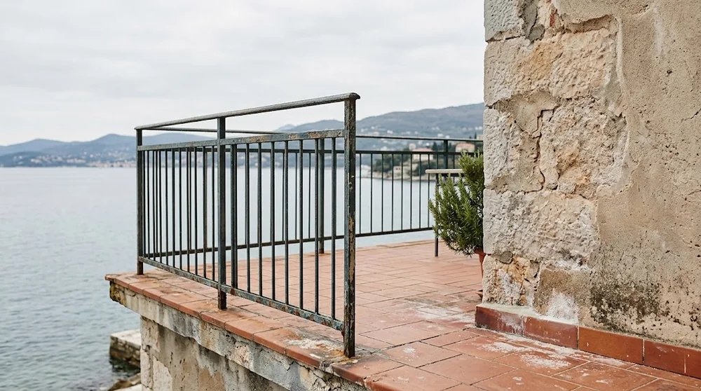 Weathered balcony railings and coastal masonry on a seaside apartment building
