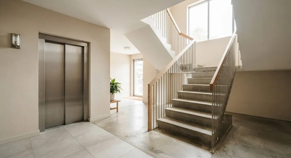 Shared stairwell and lift entrance in an apartment building